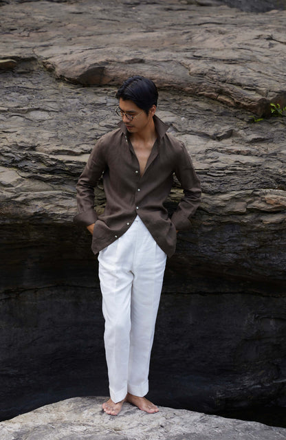 Linen Wide-Spread Collar Shirt — Driftwood Brown