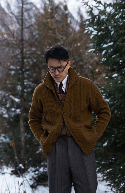 Aran-Cable Wool Cardigan High-Neck Sweater — Walnut Brown