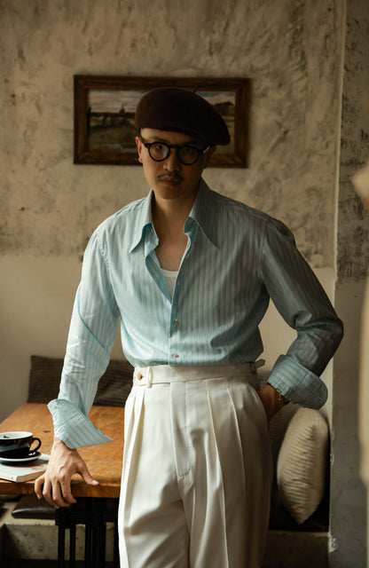 Handcrafted Long Point Collar Pure-Cotton Shirt(Turkish SÖKTAS) — Tuscan Green Stripe with