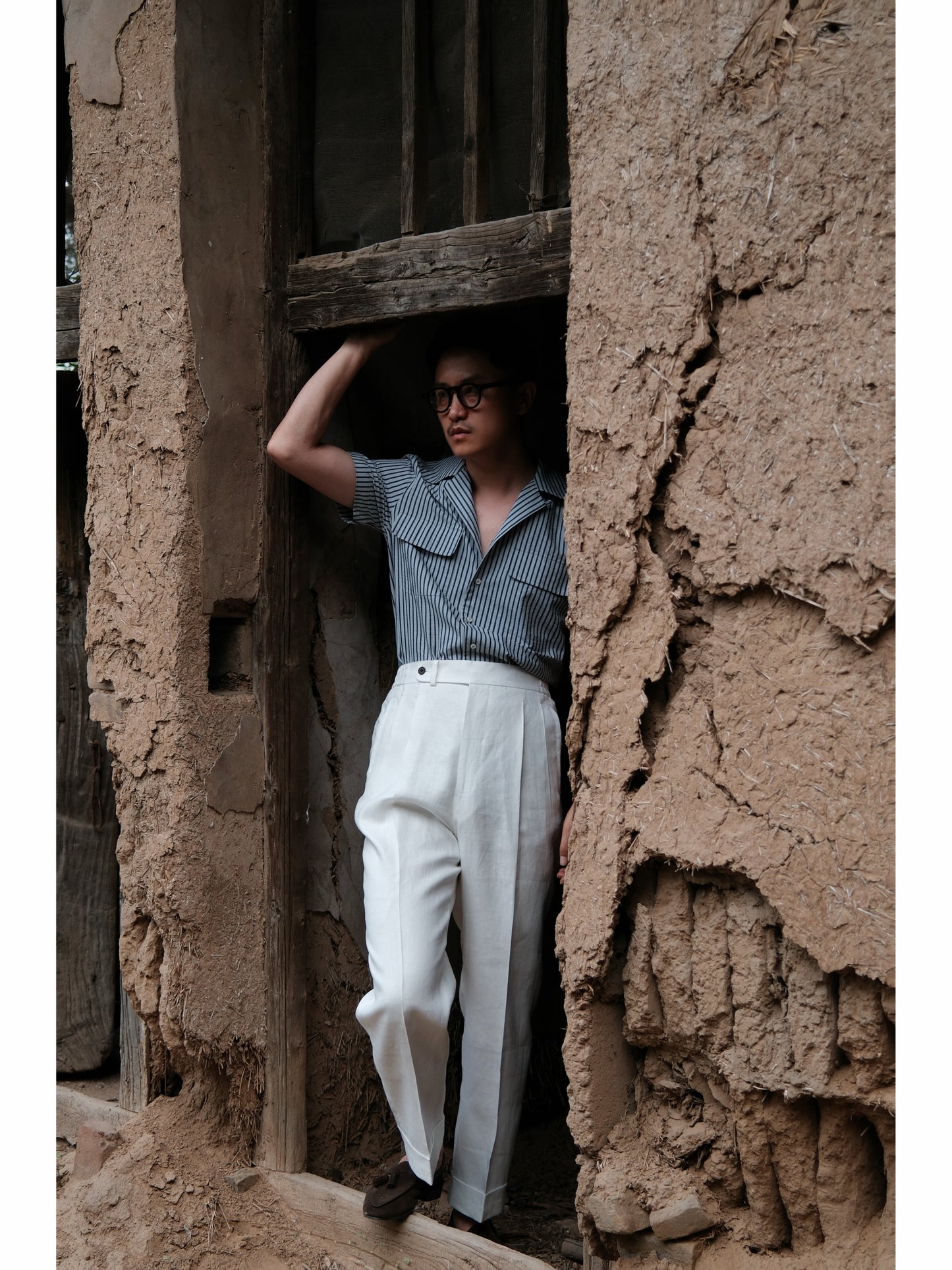 Cuban Collar Short Sleeve Shirt — Navy Stripe Seersucker