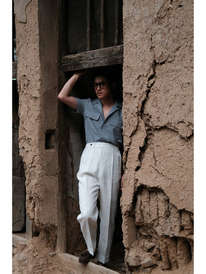 Cuban Collar Short Sleeve Shirt — Navy Stripe Seersucker