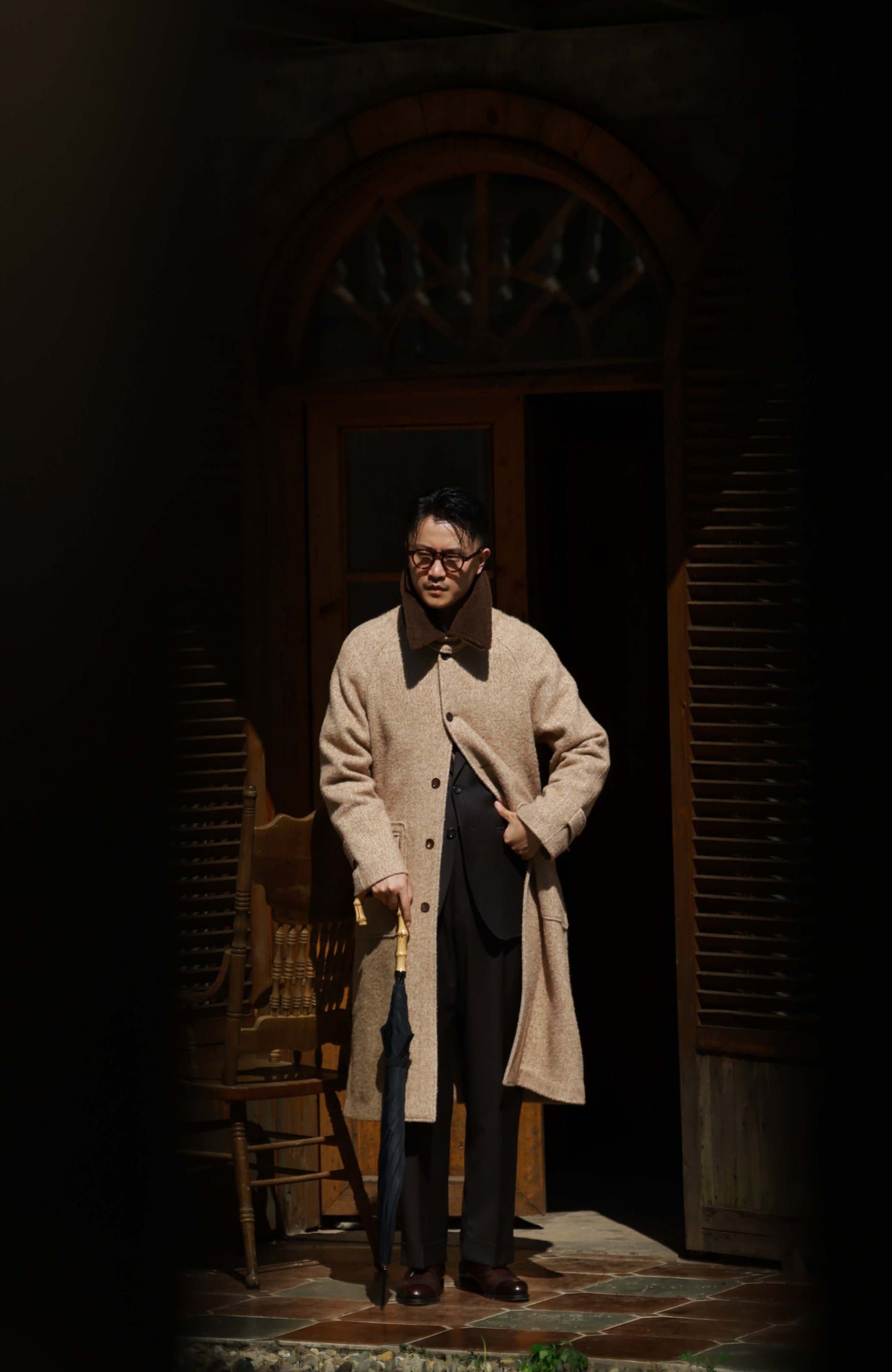 Textured Old-Money Balmacaan Overcoat — Desert Herringbone