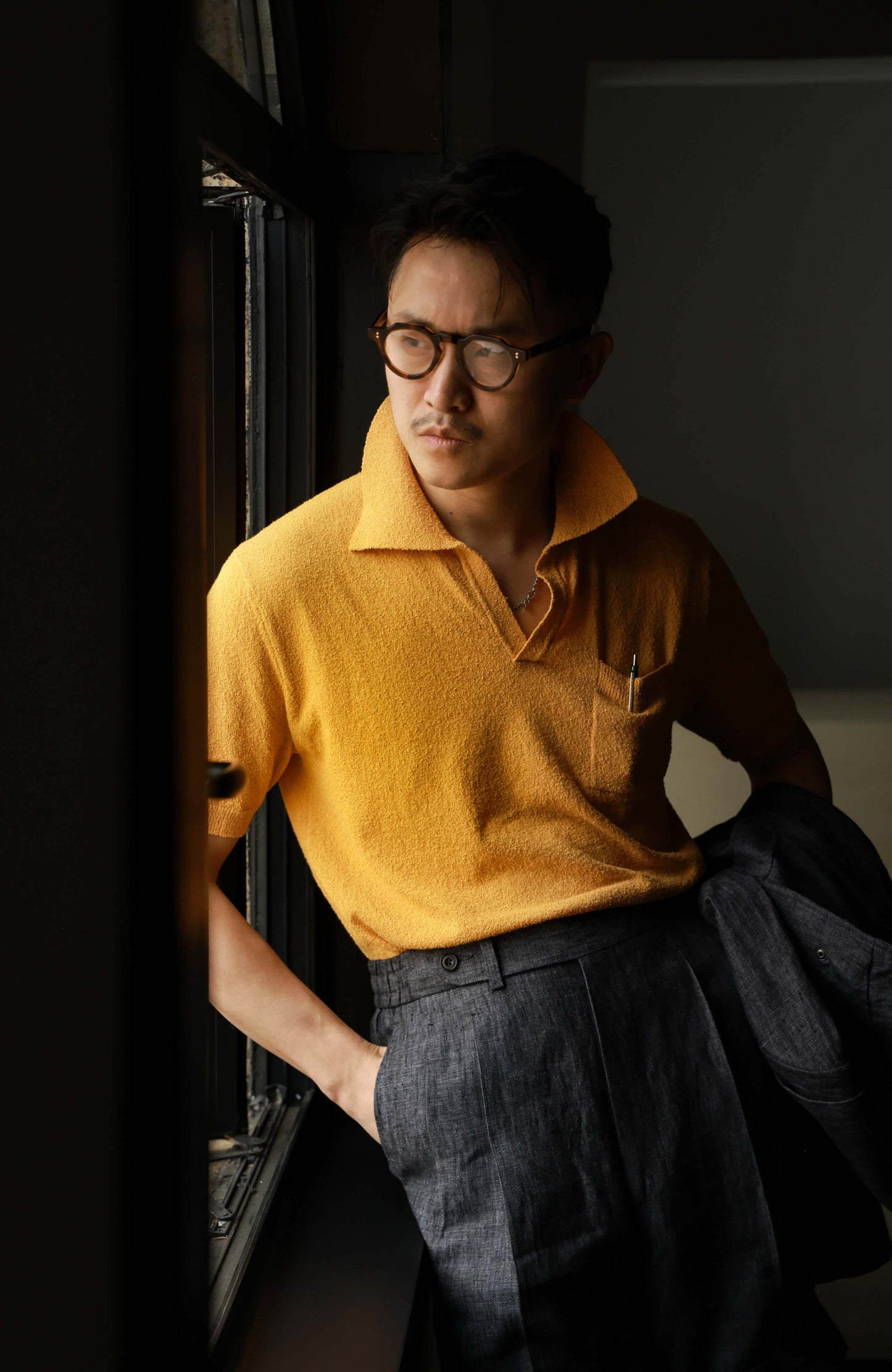 Combed Cotton Terry-Textured Knit Short-Sleeve V-Neck Polo — Gardenia Yellow