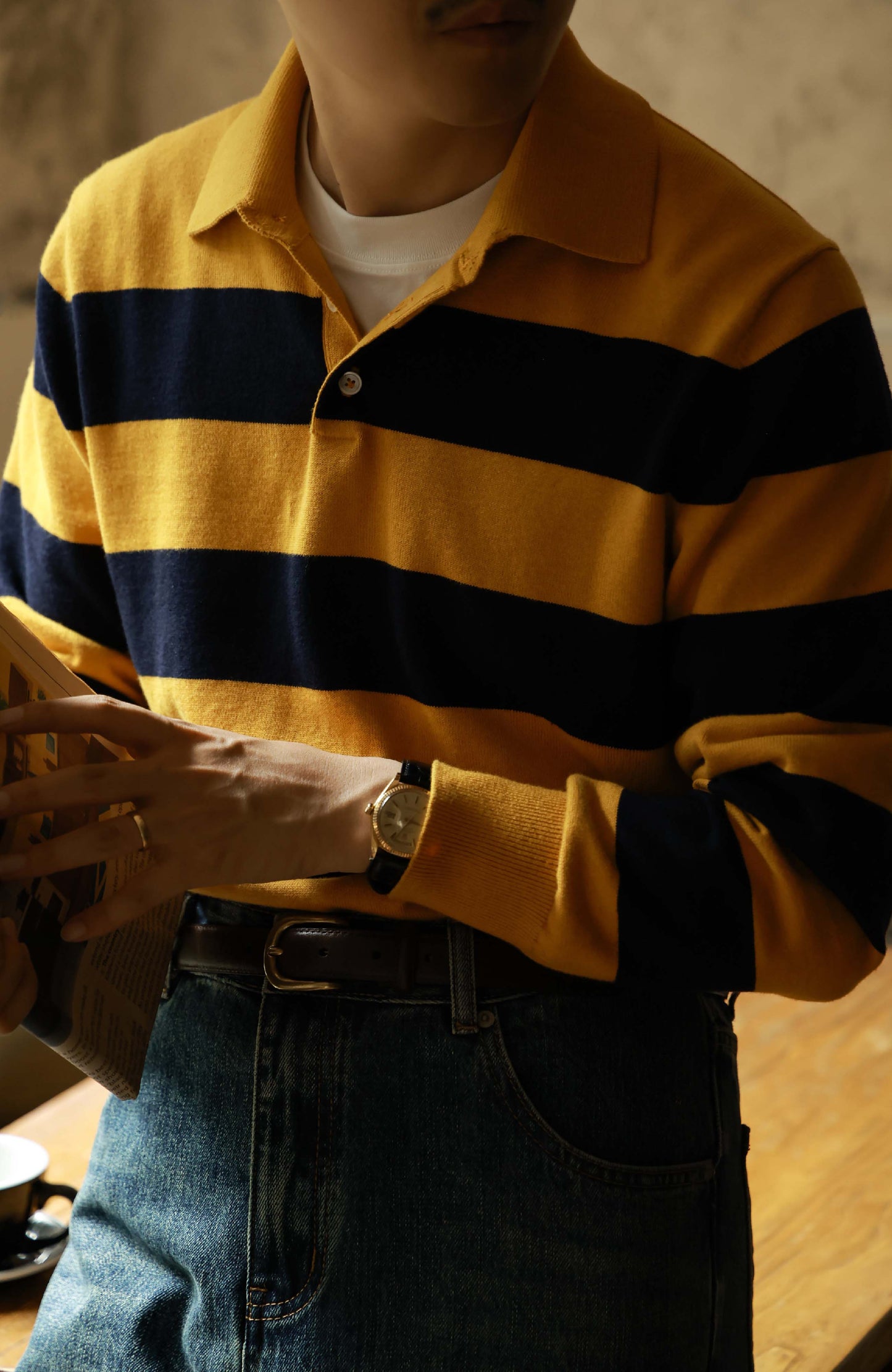 Cashmere Cotton Polo Sweater — Navy & Yellow Bold Stripe