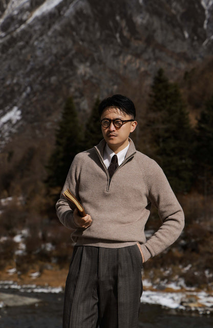 Half-Zip Wool-Cashmere Mock Neck Sweater — Oat Beige