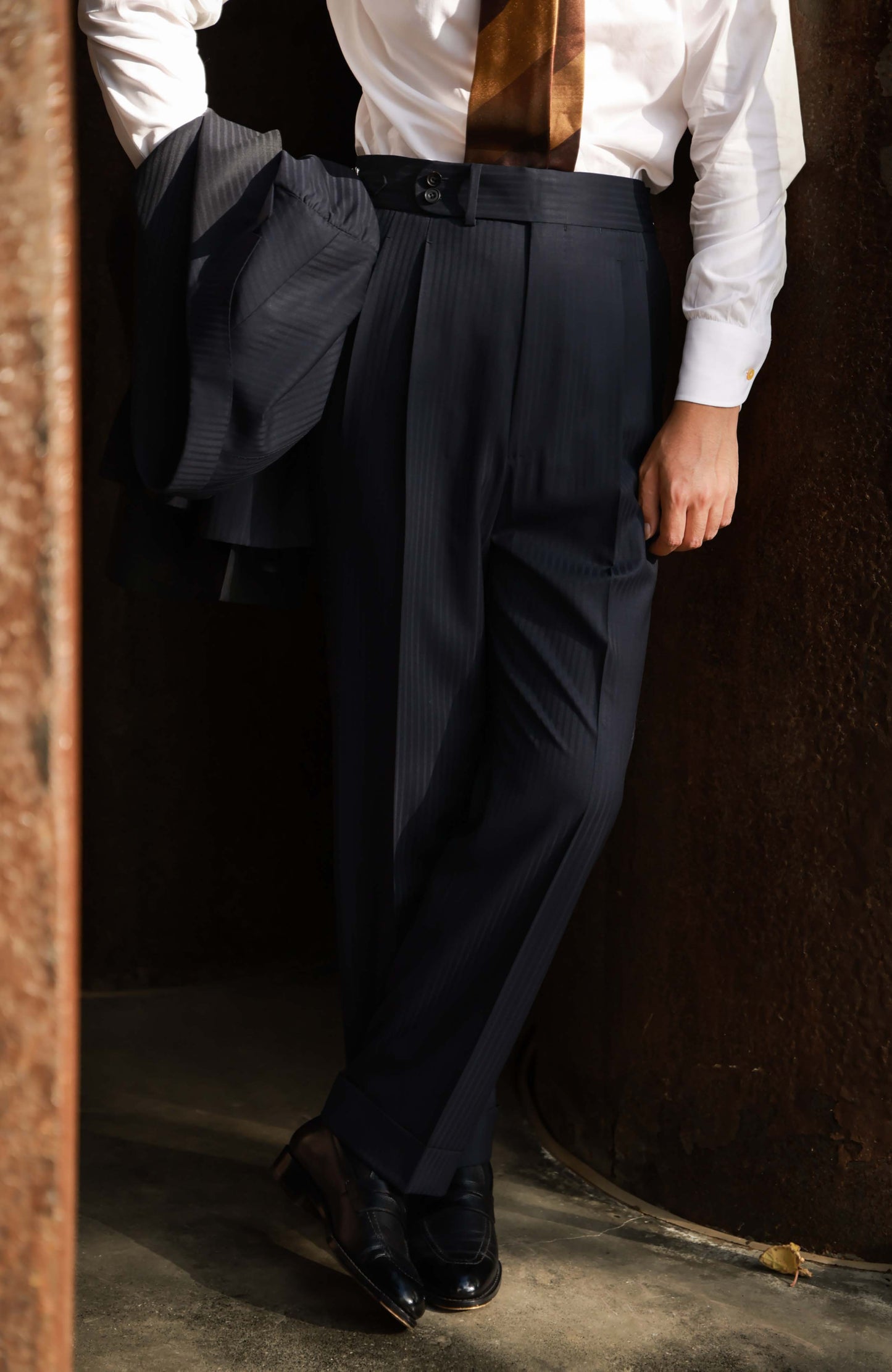 Suit Trousers with Parisian Side Adjusters and High-Waisted Double-Pleated(DORMEUIL) — Pencil navy stripe