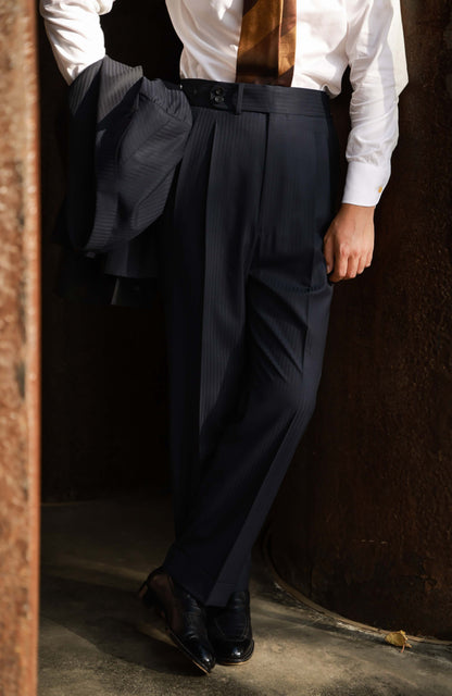 Suit Trousers with Parisian Side Adjusters and High-Waisted Double-Pleated(DORMEUIL) — Pencil navy stripe
