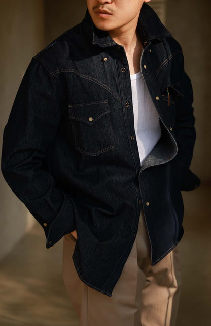 Hemp-Cotton Denim Wide Wide-Spread Collar Shirt — Vintage Indigo