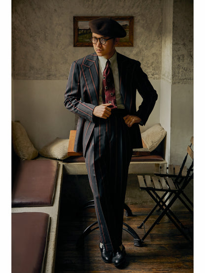 「Vintage Venetian Stripe」Suit Trousers with Italian-style Pure-wool Parisian Side Adjusters and High-Waisted
