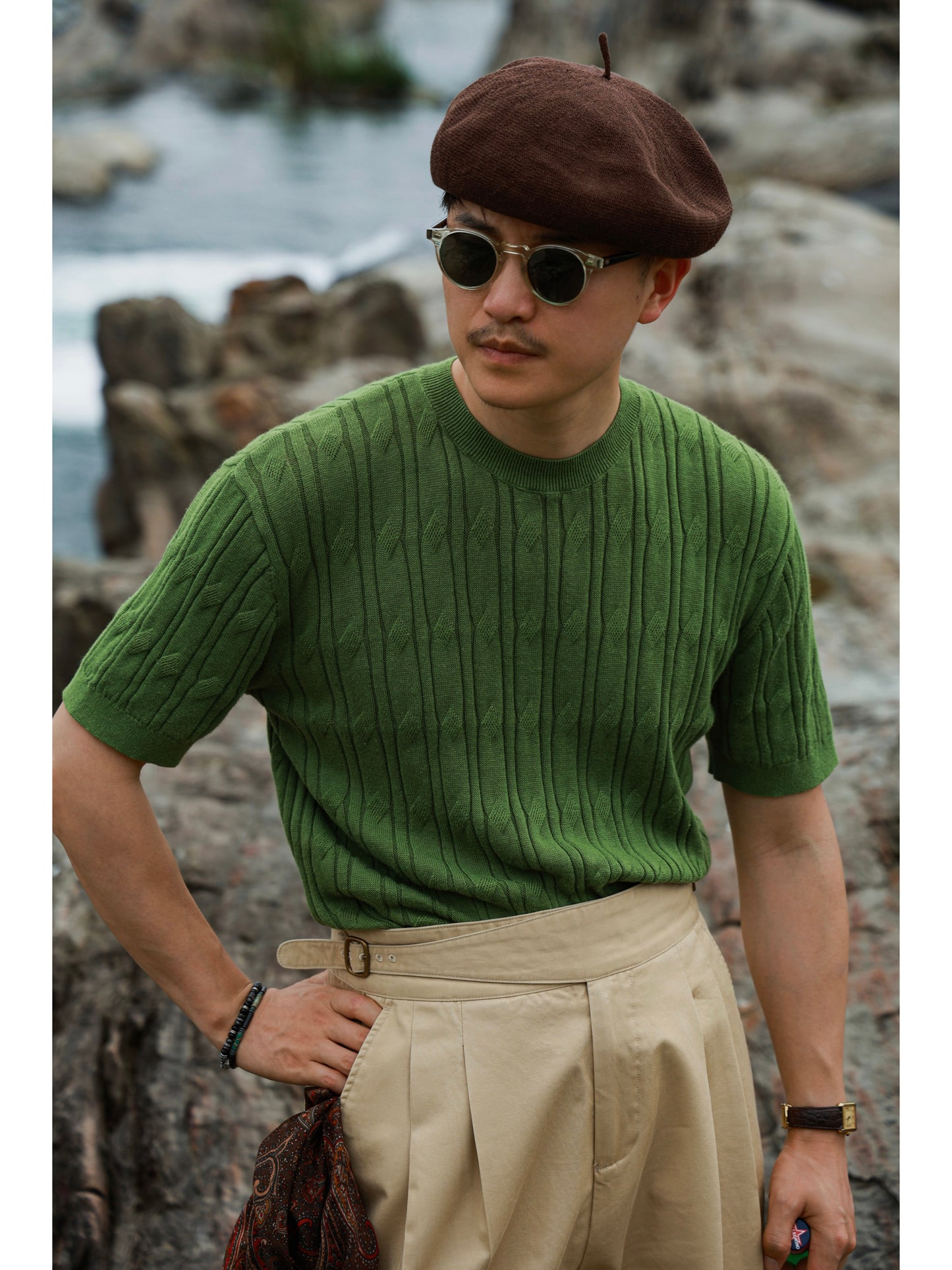 「Bamboo Emerald」cable stitch linen Unisex Dropped-shoulder sleeve Knit Short-Sleeve T-Shirt