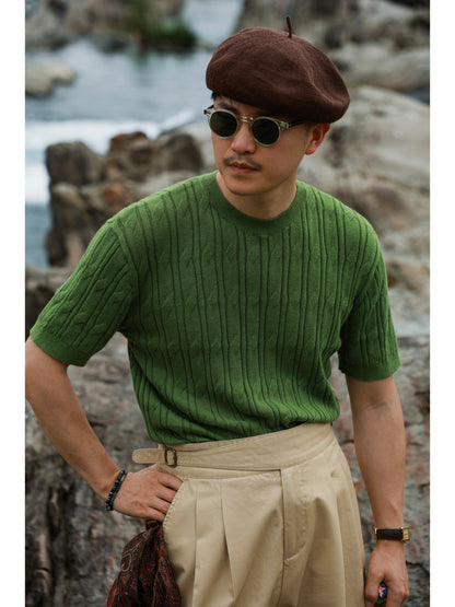 「Bamboo Emerald」cable stitch linen Unisex Dropped-shoulder sleeve Knit Short-Sleeve T-Shirt