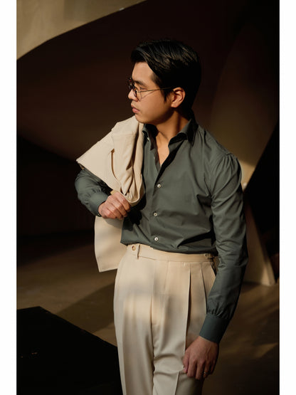 「Pine Rock Green」Italian-style Hidden-Button Spread Collar Pure-Cotton Gentleman's Long-Sleeve Shirt