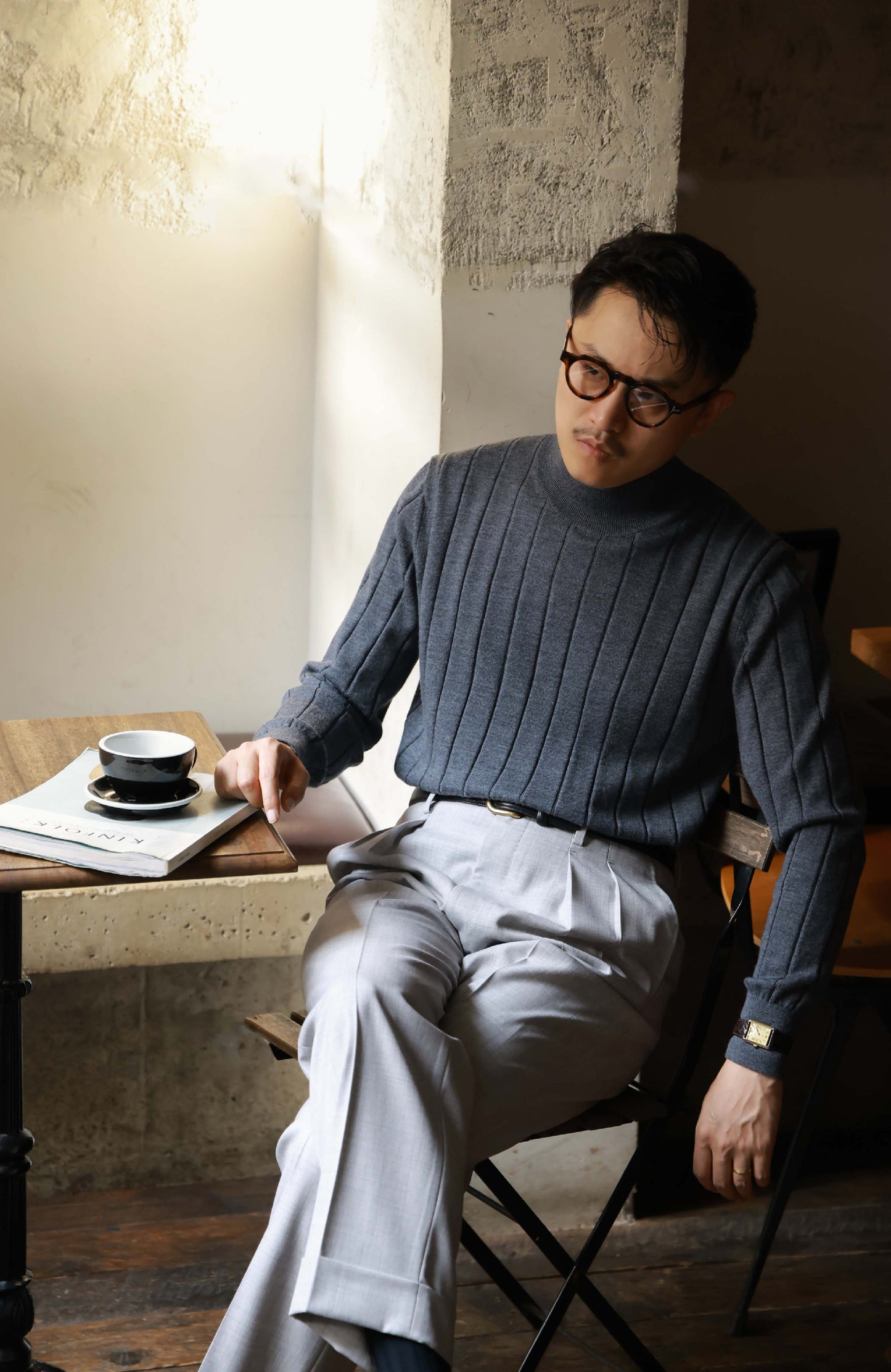 100% Merino Wool Ribbed Mock Neck Sweater — Volcanic Grey