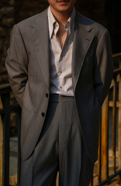 140s Merino Wool Half-Canvas Single-Breasted Suit Jacket — Stone Grey Herringbone