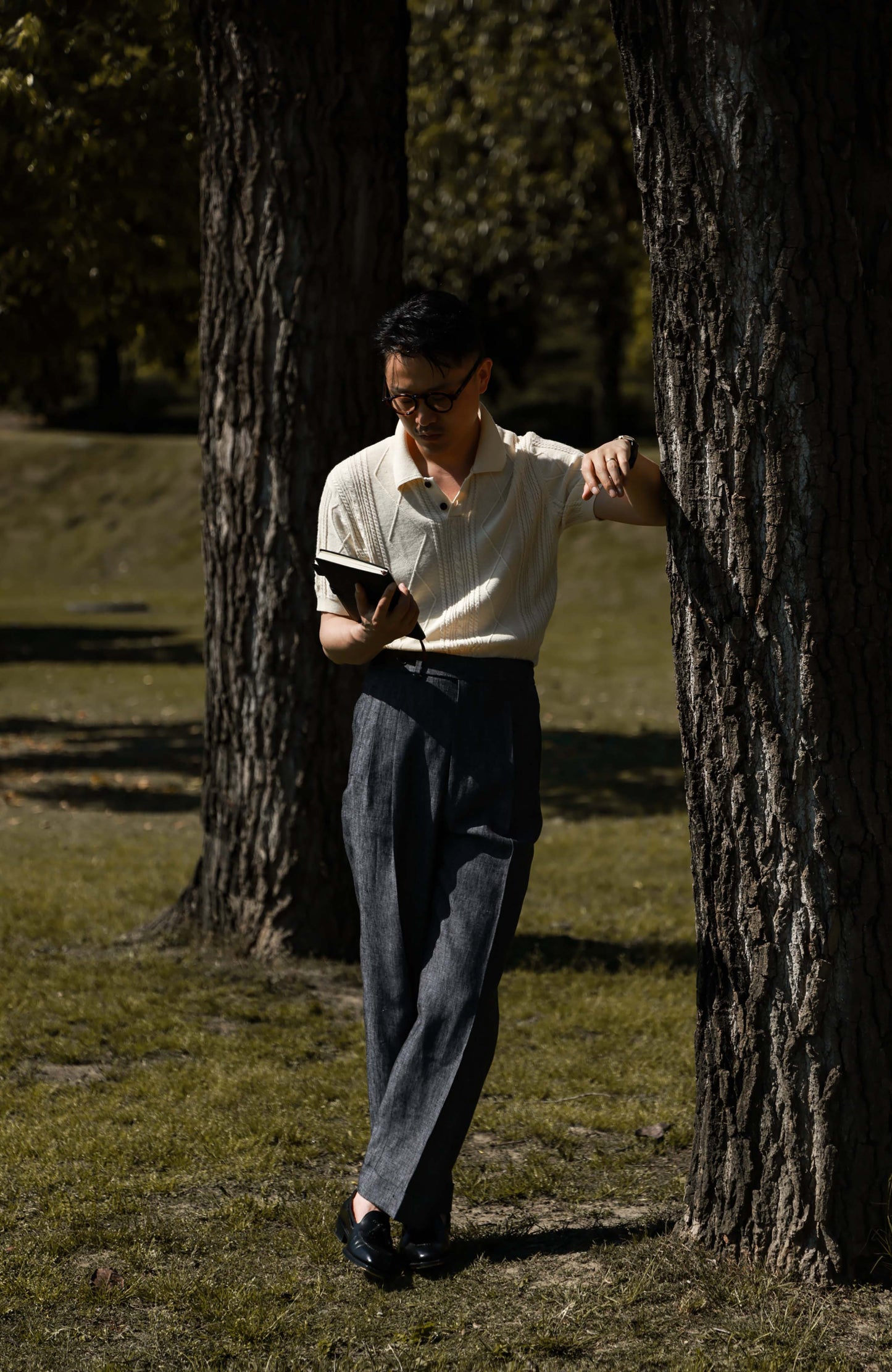 Linen Vintage Braided Unisex Knit Polo — Apricot White