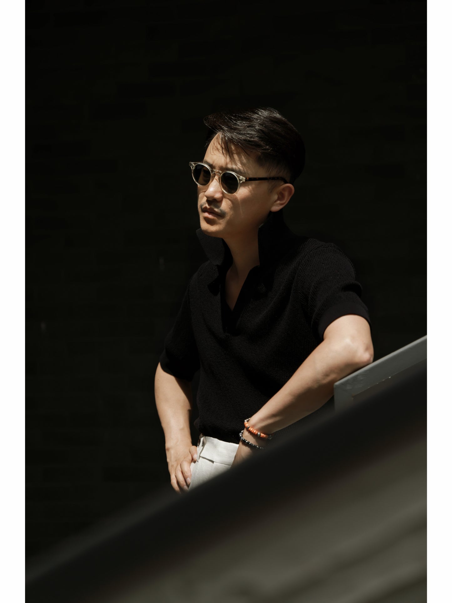 Crochet Open Collar Cotton Knitted Polo Black