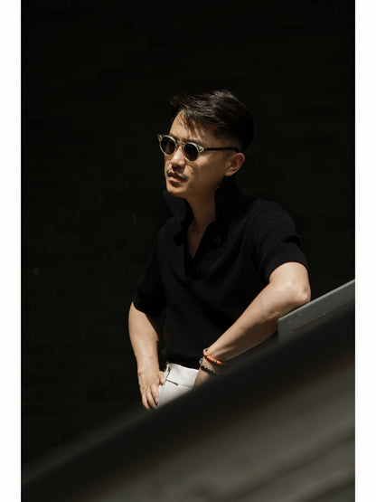 Crochet Open Collar Cotton Knitted Polo Black