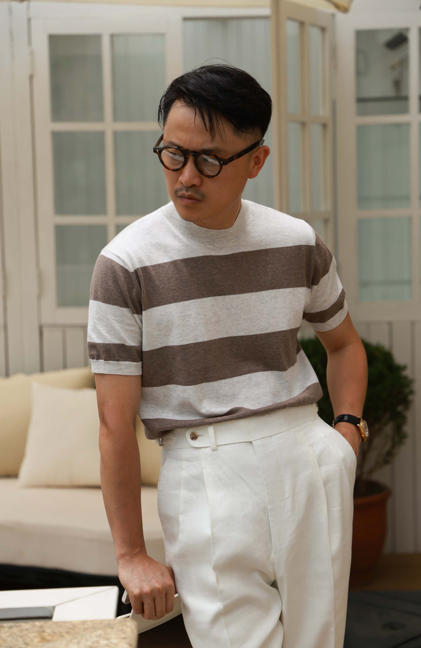 Cashmere-Cotton Knit Mock Neck T-Shirt — Shadow Grey Stripe