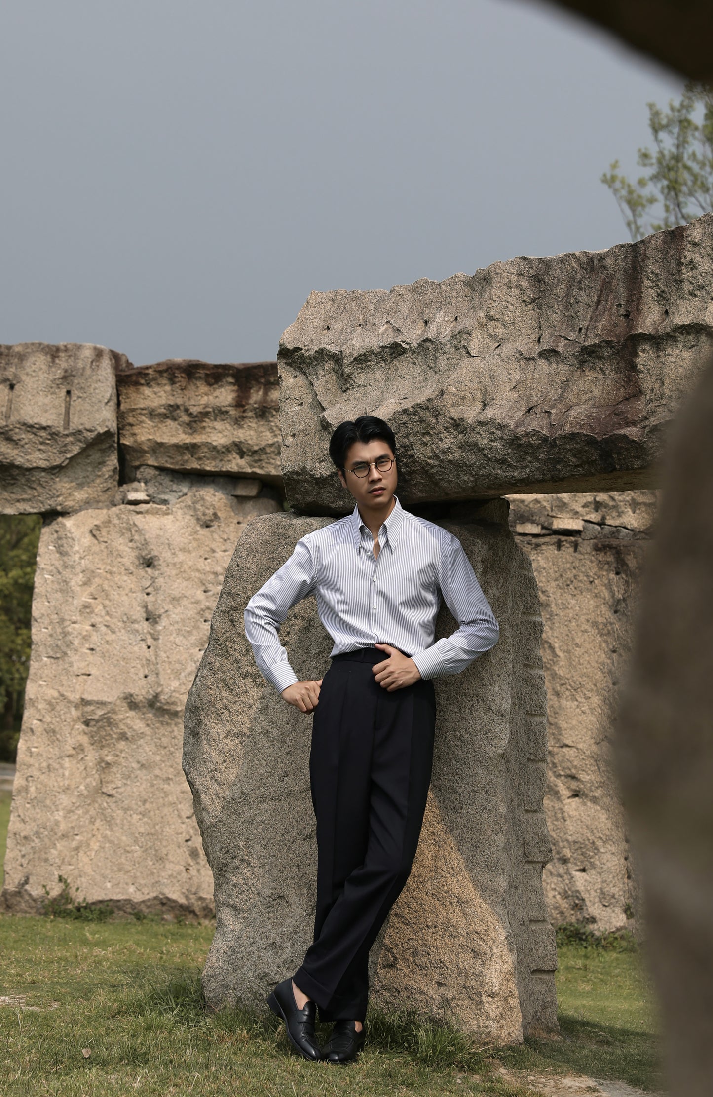 CANCLINI Cotton Handcrafted Long Point Collar Shirt — Como Mist Grey