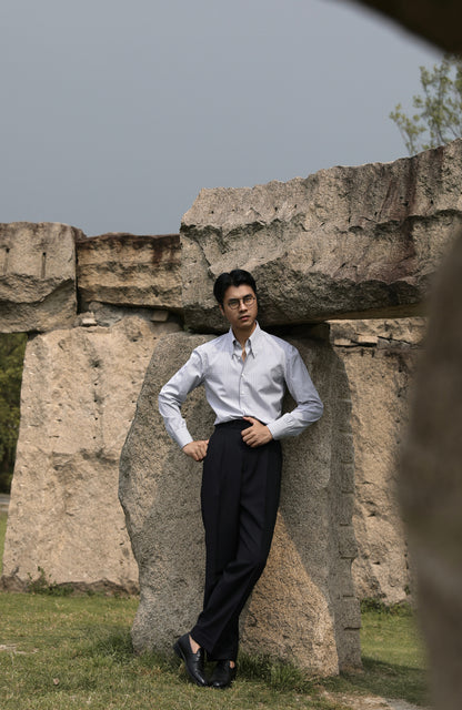 CANCLINI Cotton Handcrafted Long Point Collar Shirt — Como Mist Grey