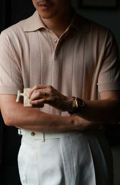Lyocell-Cotton Linen Blend Ribbed Knit Polo Shirt — Sand Beige