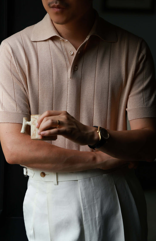 Lyocell-Cotton Linen Blend Ribbed Knit Polo Shirt — Sand Beige