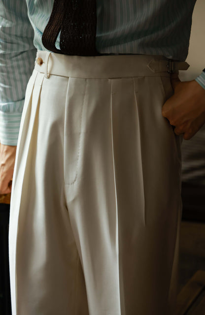Tollegno 1900 High-Waisted Suit Trousers with Parisian Side Adjusters — Mousse White