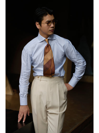 Handcrafted Spread Collar Shirt in Mulberry Silk — Moonlit Blue Stripe