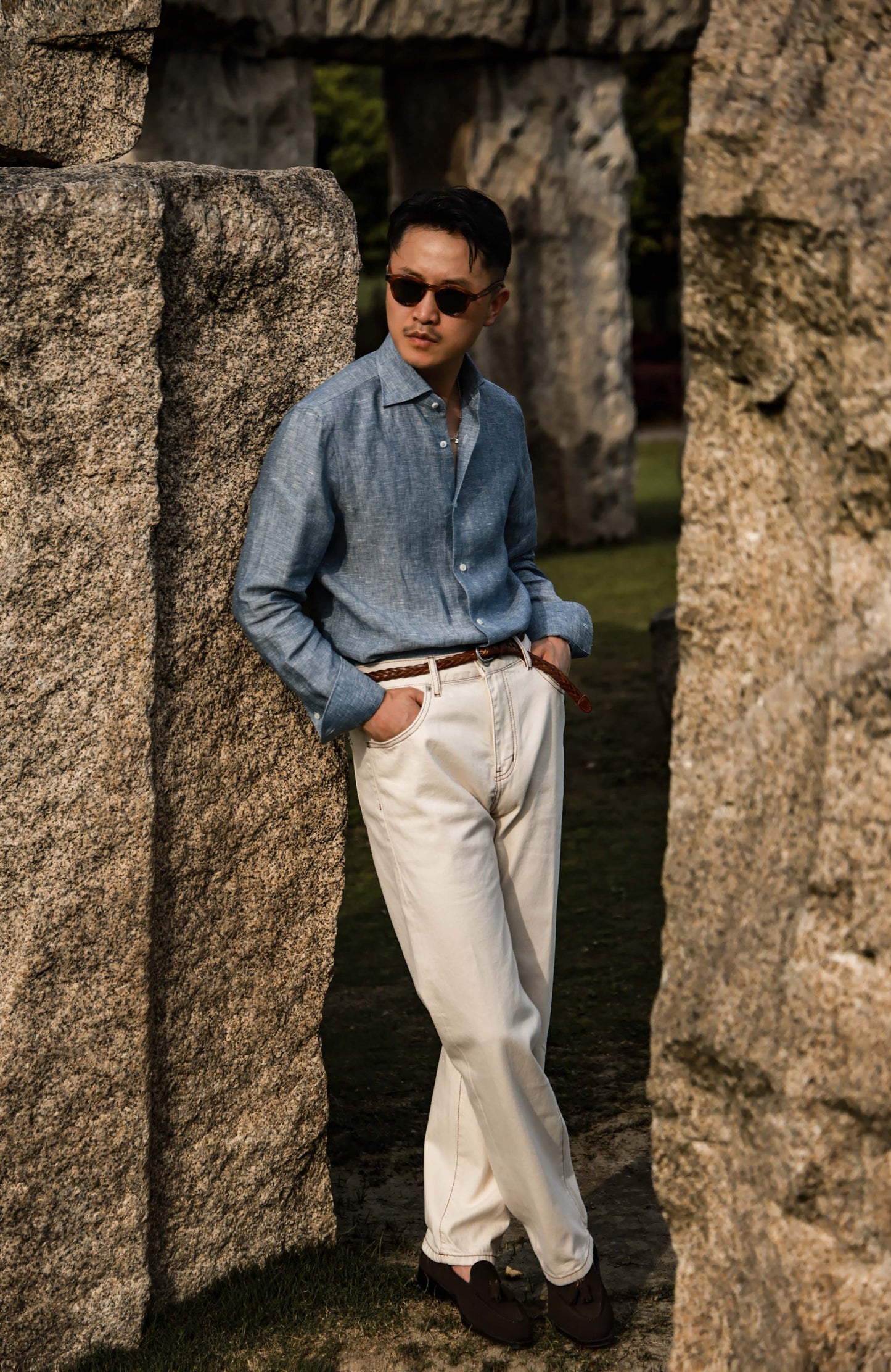 Linen Wide-Spread Collar Shirt — Mist Blue