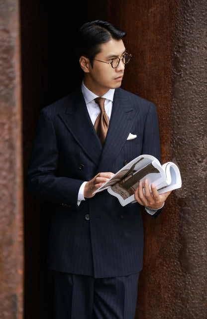 Half-Canvas Double-Breasted Flannel Suit Jacket — Navy Chalk Stripe