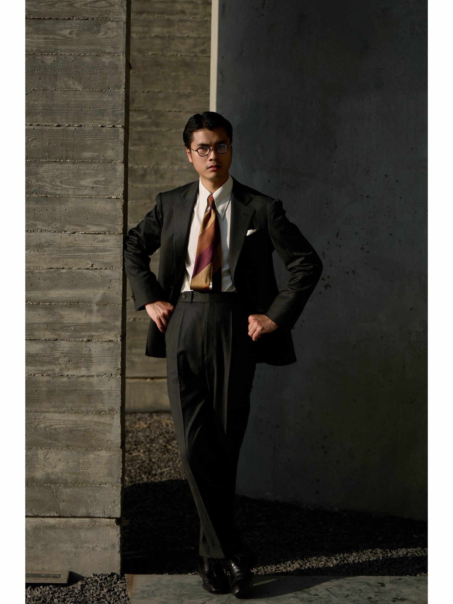 「Ink Herringbone」Suit Trousers with Italian-style Pure-wool Parisian Side Adjusters