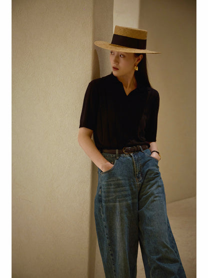 「Notturno Blue」Mulberry silk-cashmere blend Unisex Knit Short-Sleeve Polo Shirt