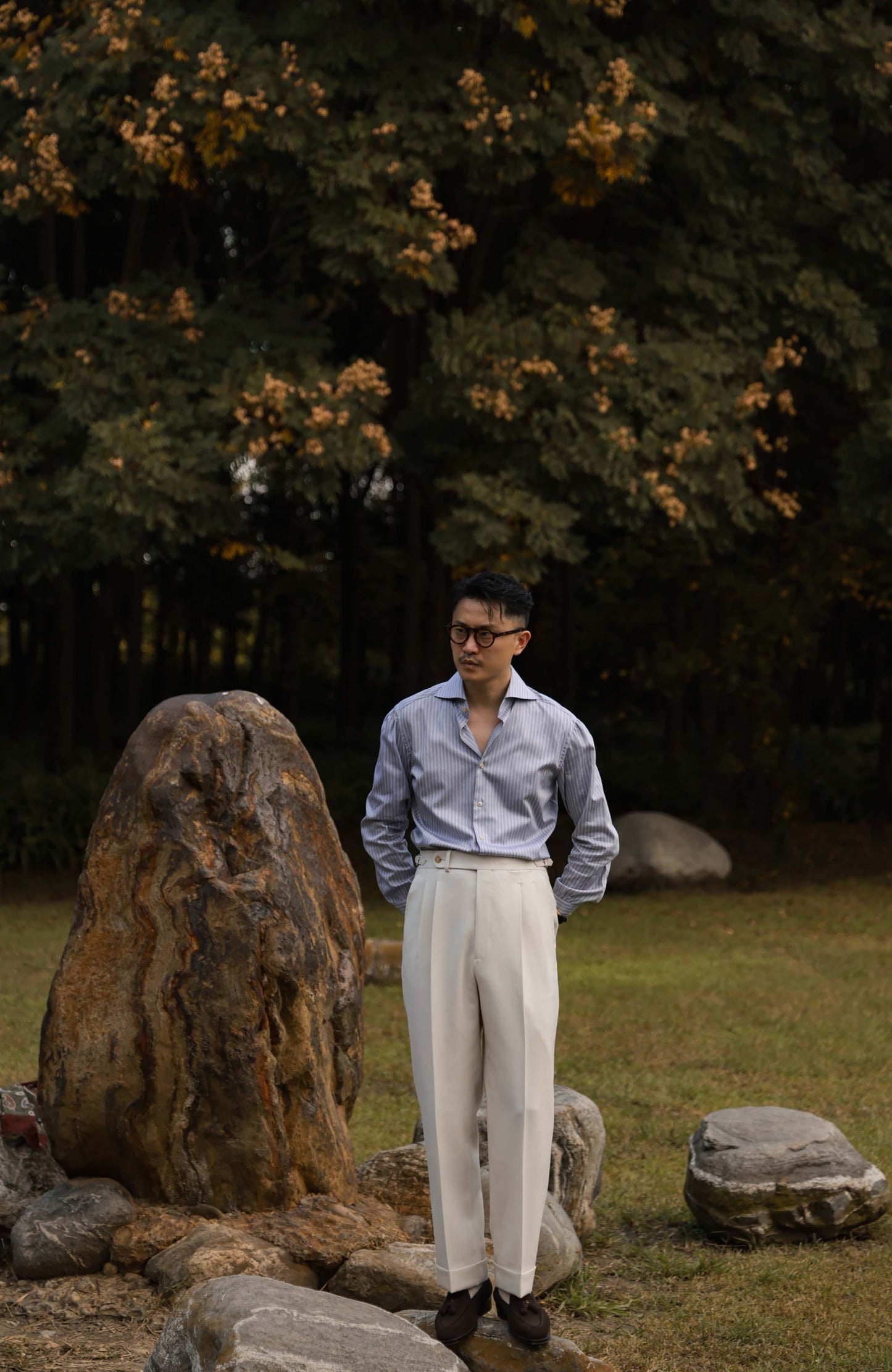 SÖKTAS Handcrafted Cutaway Collar Shirt — Rocky Mountain Grey Stripe