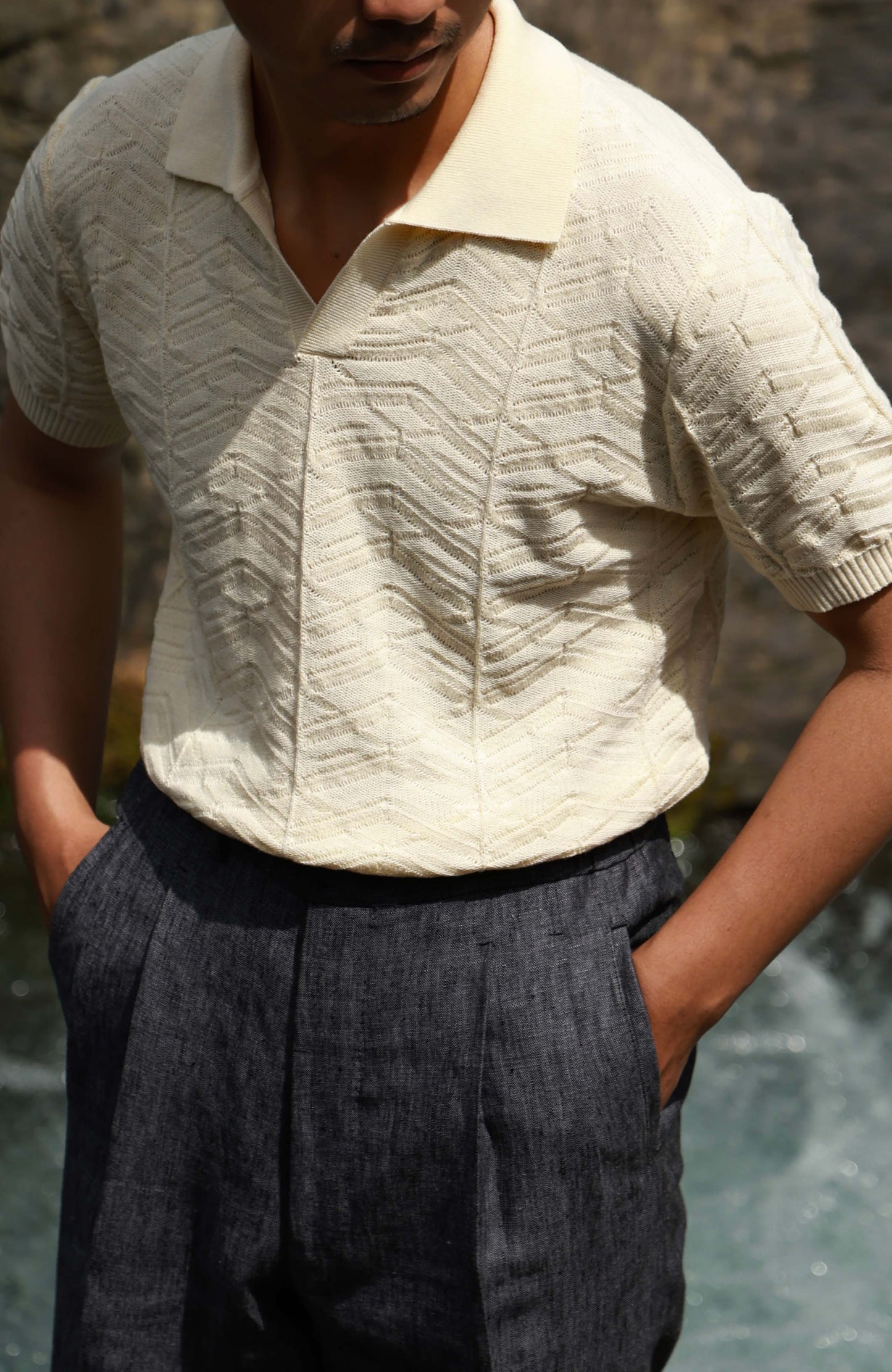 Pine-Texture High-Twist Cotton Short-Sleeve Polo — Limestone Ivory