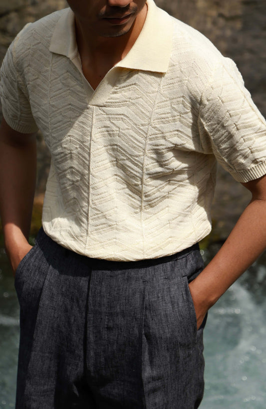 Pine-Texture High-Twist Cotton Short-Sleeve Polo — Limestone Ivory