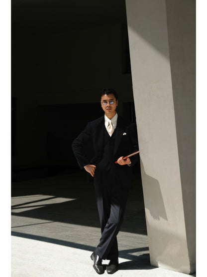 「Phantom Black」Suit Trousers with Italian-style Pure-wool Parisian Side Adjusters and High-Waisted Double-Pleated