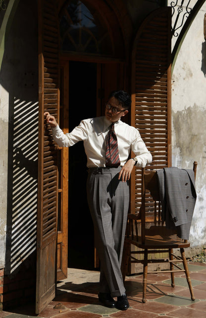 High-Waisted Suit Trousers with Parisian Side Adjusters — Grey Prince of Wales Check