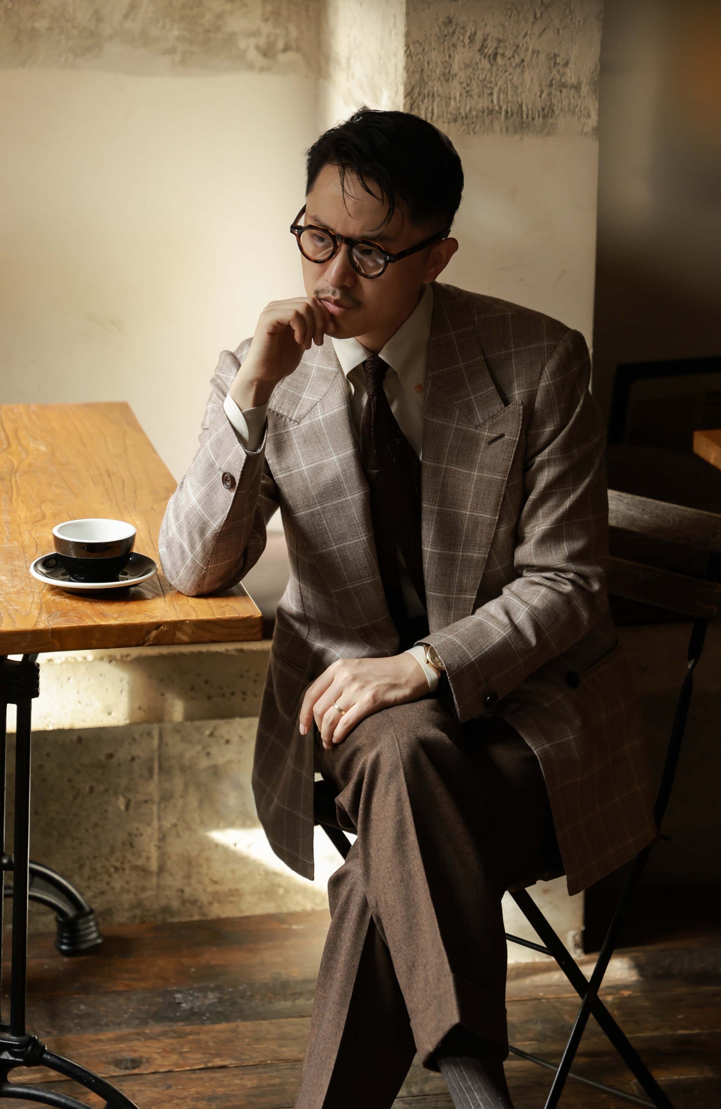 MOON Full-Canvas Double-Breasted Silk & Linen Suit Jacket — Taupe Windowpane