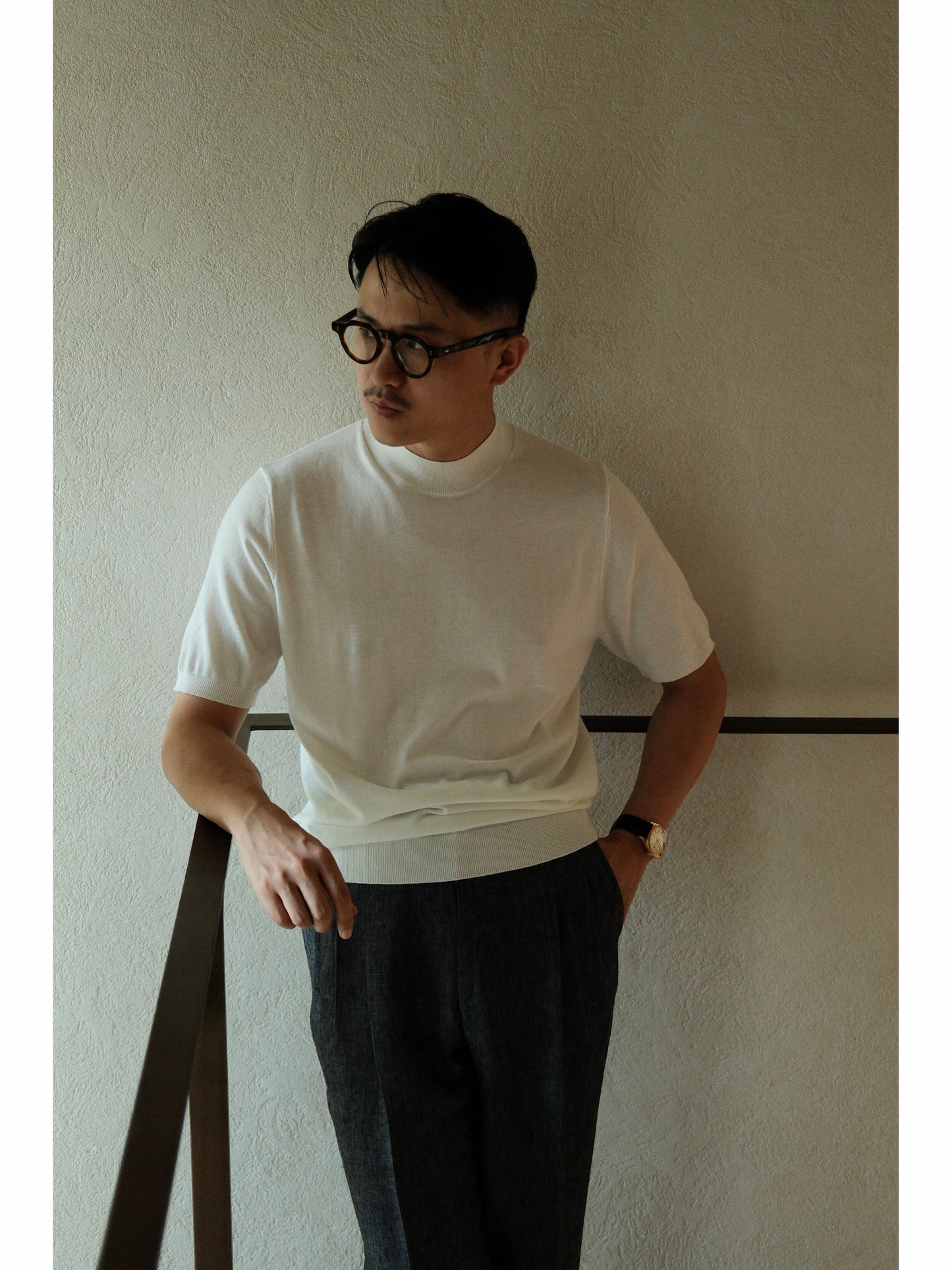 「Frosted White」Lambswool Blend for Cloud-Touch Mock Neck Short-Sleeve T-Shirt