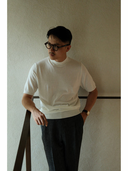 「Frosted White」Lambswool Blend for Cloud-Touch Mock Neck Short-Sleeve T-Shirt