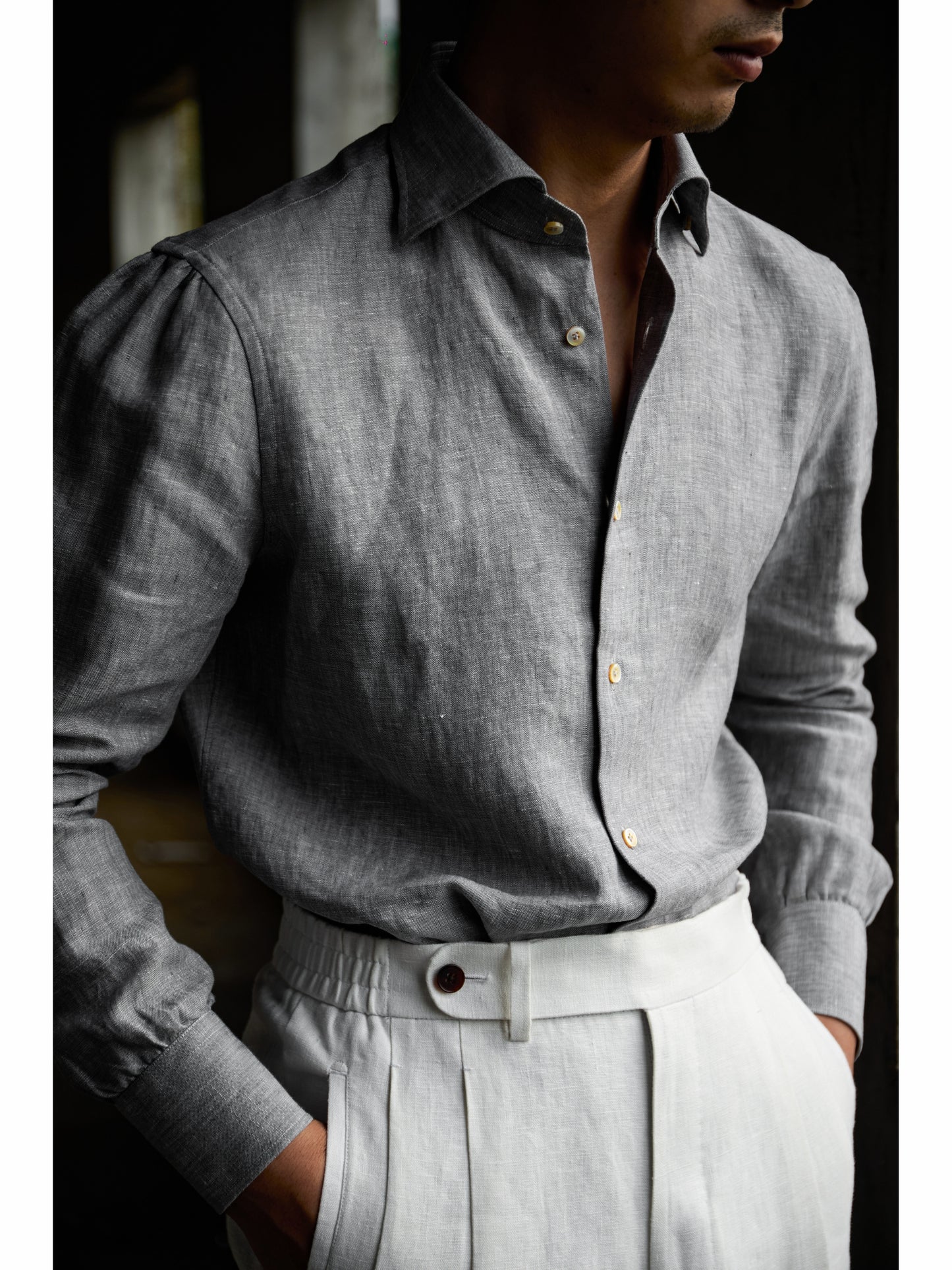 Spread Collar Linen Shirt — Grey