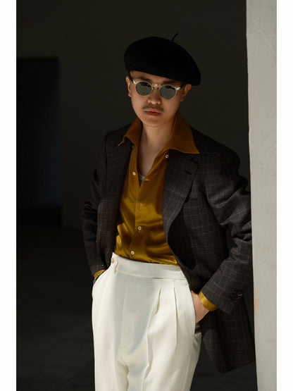 「Hazelnut brown checkered」Italian-style Half-canvass Pure wool Suit Jacket