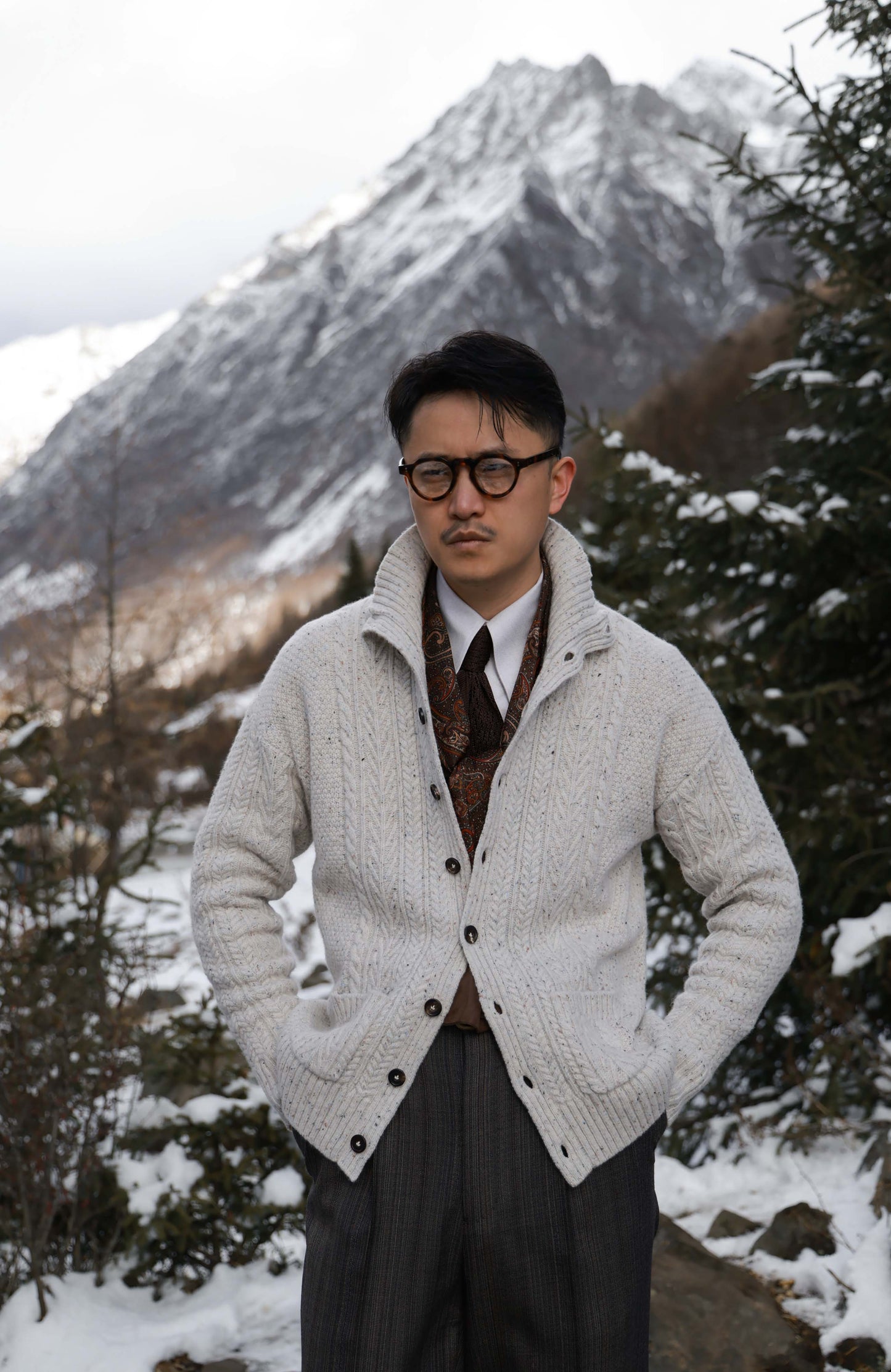 Aran-Cable Wool Cardigan High-Neck Sweater — Speckled Ivory