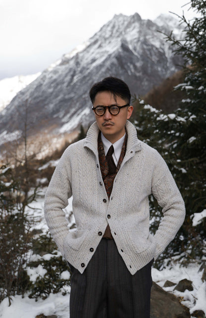 Aran-Cable Wool Cardigan High-Neck Sweater — Speckled Ivory