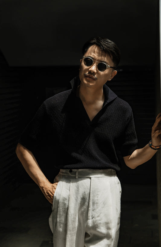 Crochet Open Collar Cotton Knitted Polo Black