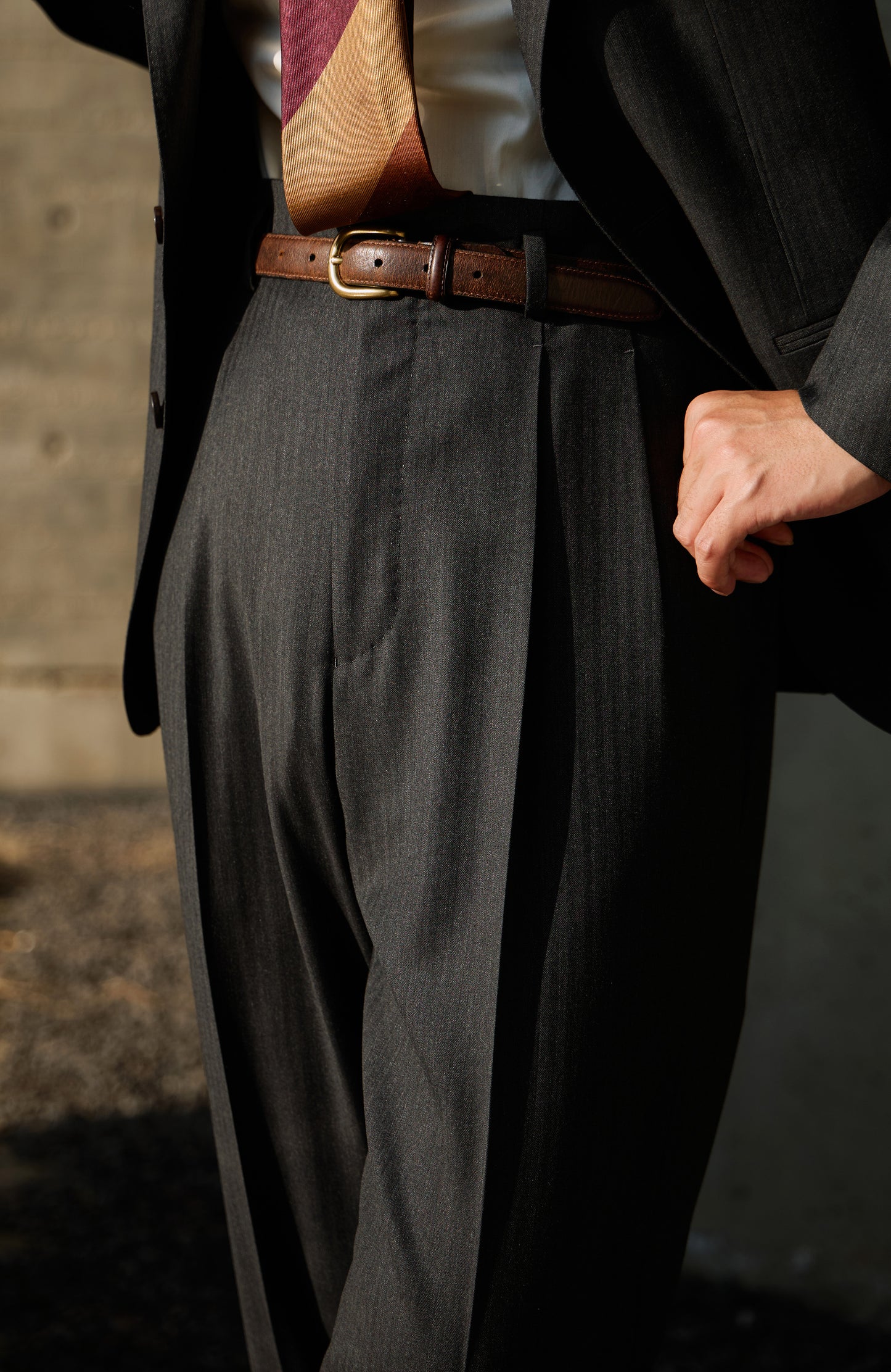 「Ink Herringbone」Suit Trousers with Italian-style Pure-wool Hollywood-Waist