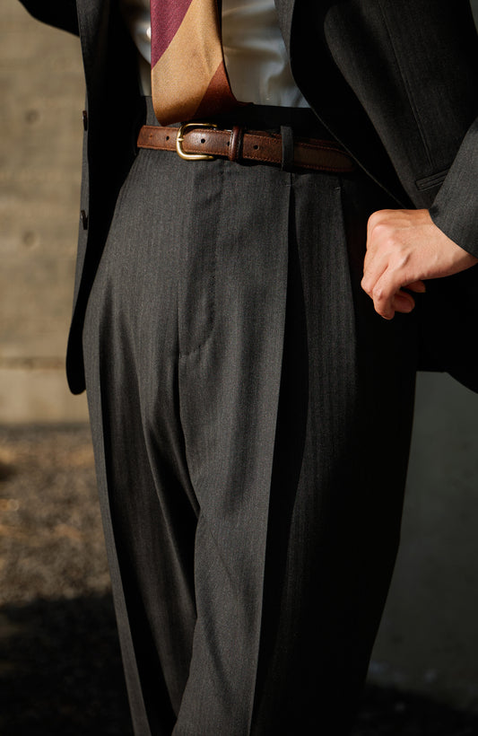 「Ink Herringbone」Suit Trousers with Italian-style Pure-wool Hollywood-Waist