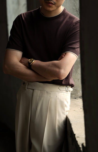 「Hazelnut Mousse」Natural Cotton-Silk Blend Italian-Inspired Vintage Unisex Knit Short-Sleeve Polo Shirt