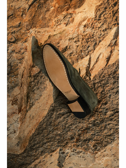 「Fir Needle Green」Belgian Suede Loafers with Calfskin Sole Blake Stitched & Italian Lambswool Lined