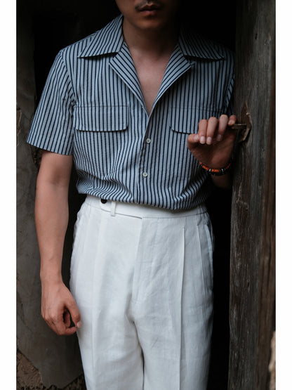 Cuban Collar Short Sleeve Shirt — Navy Stripe Seersucker